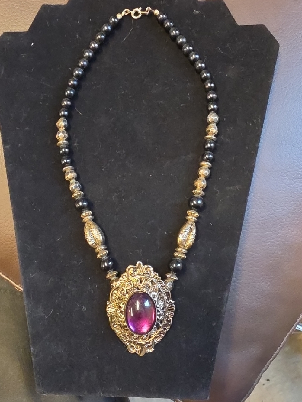 Gold-Tone Black Beaded Necklace with Purple Cabochon Pendant